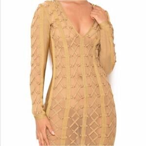 House of CB London Bandage Chain Dress Feodora Long Sleeve In Golden Size XS NWT